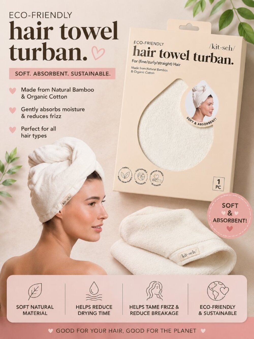 Kitsch Eco-Friendly Hair Towel Turban Ivory Bamboo Organic Cotton NEW